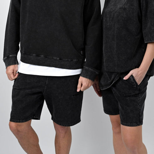 トレーニングショートパンツ 【ストーンウォッシュカラー】デニム風ストレッチ生地