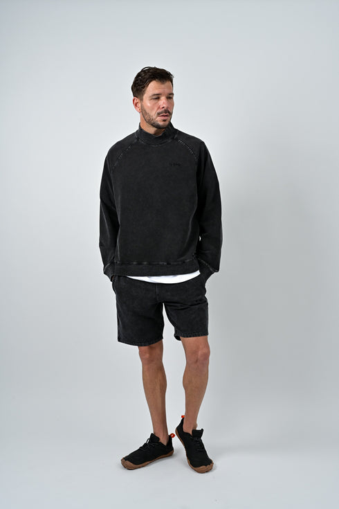 【ストレッチデニム風】アスレジャー ハイネックスウェット【ストーンウォッシュ】