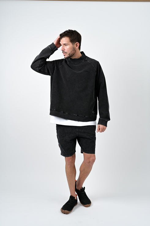 【ストレッチデニム風】アスレジャー ハイネックスウェット【ストーンウォッシュ】