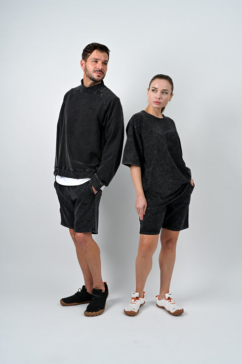 【ストレッチデニム風】アスレジャー ハイネックスウェット【ストーンウォッシュ】