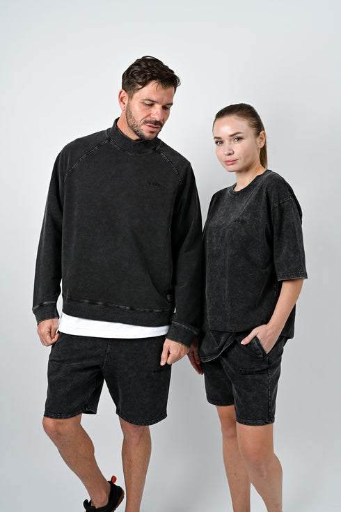 【ストレッチデニム風】アスレジャー ハイネックスウェット【ストーンウォッシュ】