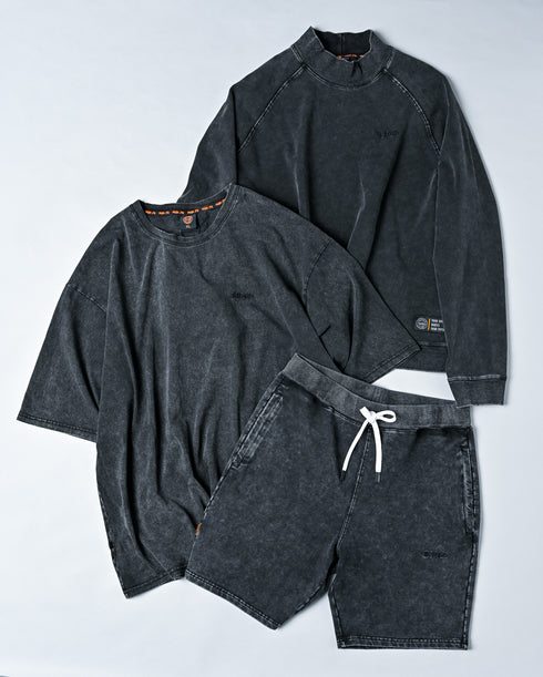 【ストレッチデニム風】アスレジャー ハイネックスウェット【ストーンウォッシュ】