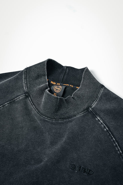 【ストレッチデニム風】アスレジャー ハイネックスウェット【ストーンウォッシュ】