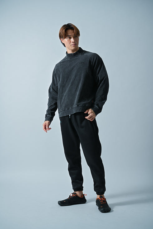 【ストレッチデニム風】アスレジャー ハイネックスウェット【ストーンウォッシュ】