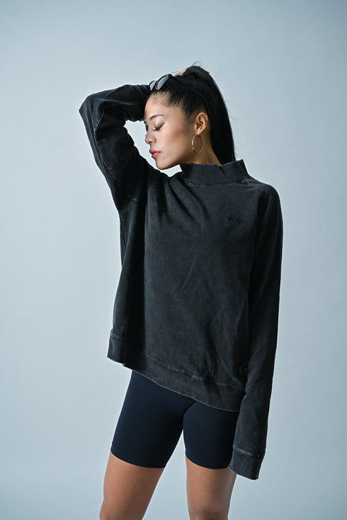 【ストレッチデニム風】アスレジャー ハイネックスウェット【ストーンウォッシュ】