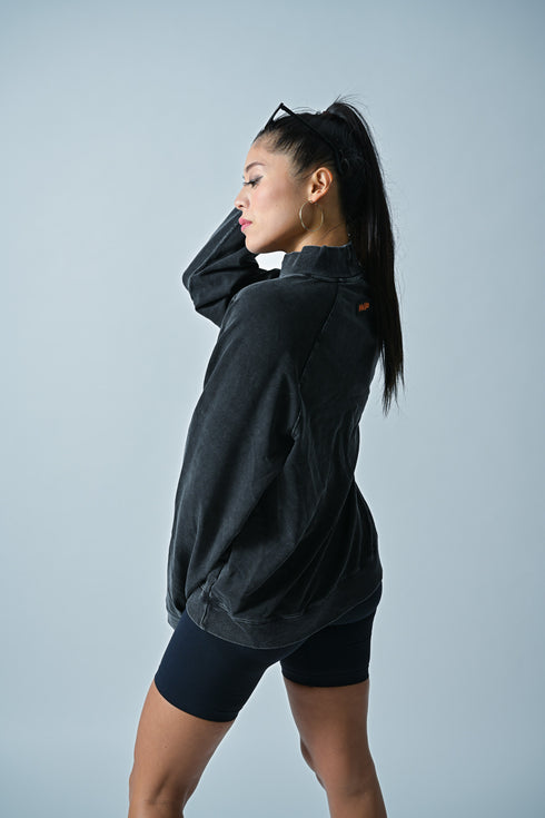 【ストレッチデニム風】アスレジャー ハイネックスウェット【ストーンウォッシュ】