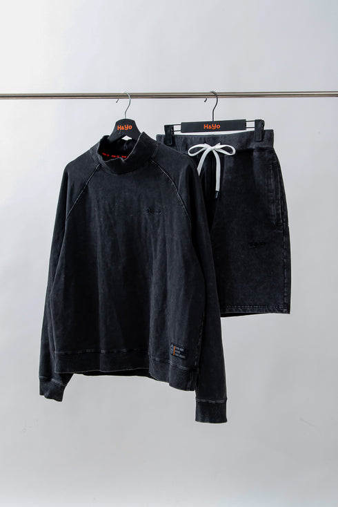 【ストレッチデニム風】アスレジャー ハイネックスウェット【ストーンウォッシュ】