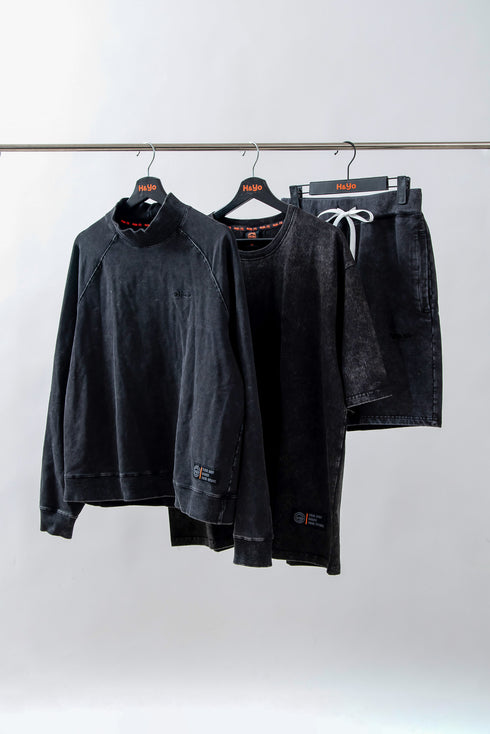 【ストレッチデニム風】アスレジャー ハイネックスウェット【ストーンウォッシュ】